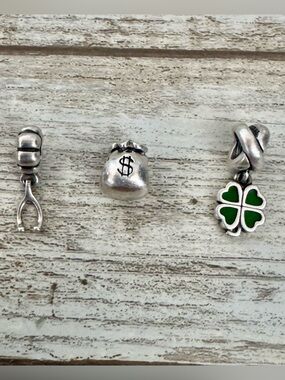 Pandora Silver Charms with Green Enamel Four-Leaf Clover , Wish Bone& Money Bag